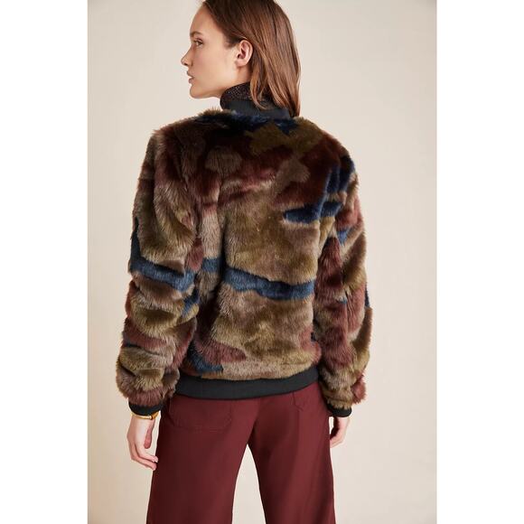 Marrakech SzXS Camo Faux Fur Zip Up Brown Black Long Sleeve Winter Bomber Jacket - Picture 2 of 6